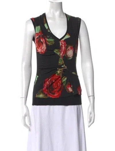 Pre-owned Dolce & Gabbana Floral Print V-neck Top In Black