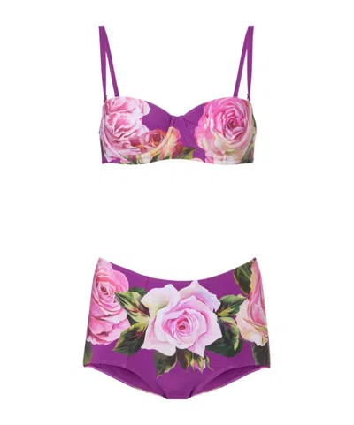 Dolce & Gabbana Rose-print Balconette Bikini Top And High-waisted Bottoms