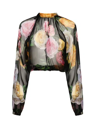Dolce & Gabbana Floral Printed Cropped Blouse In Black