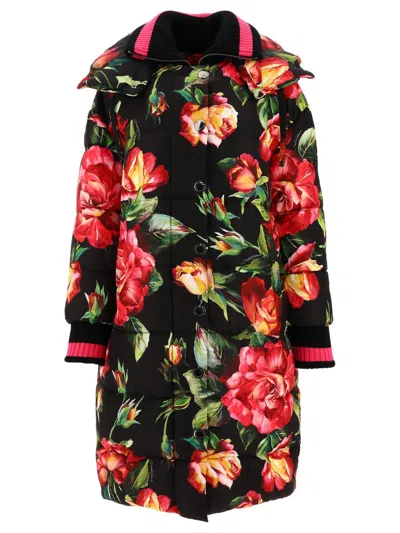 Dolce & Gabbana Floral-printed High-neck Long Coat In Black