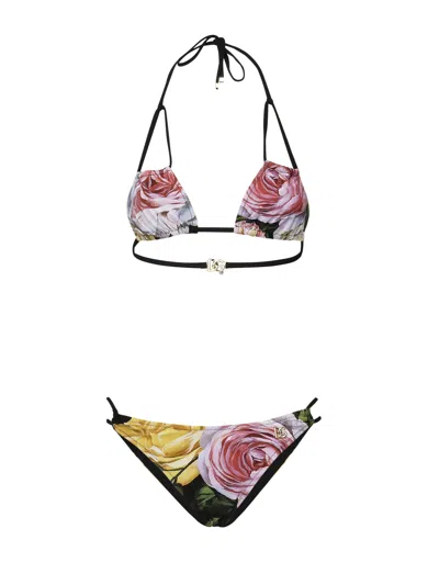 Dolce & Gabbana Dolce  Gabbana Floral Printed Logo Plaque Bikini Set In Multi