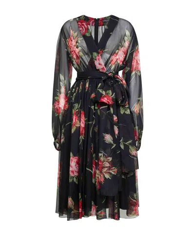 Dolce & Gabbana Floral Silk Midi Dress In Black