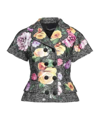 Dolce & Gabbana Floral Printed Short-sleeved Blazer In Black