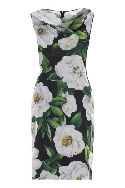 Dolce & Gabbana Floral Printed Silk Mini Dress With Draped Neckline In Multi