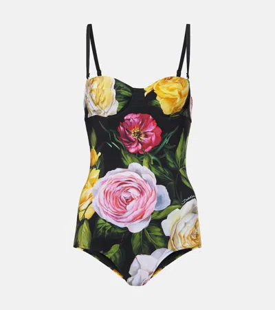Dolce & Gabbana Floral Printed Swimsuit In Black