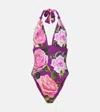 Dolce & Gabbana Embellished Floral-print Knotted Halterneck Swimsuit In Purple