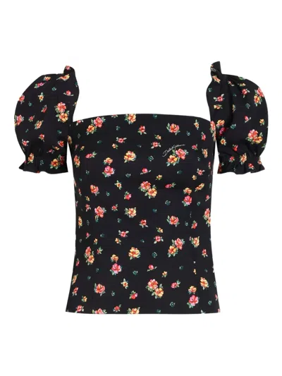 Dolce & Gabbana Floral Puff-sleeve Blouse In Black