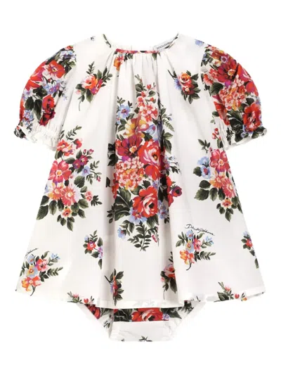 Dolce & Gabbana Babies' Floral Puff-sleeve Dress In White