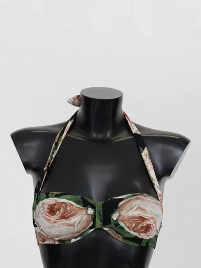 Dolce & Gabbana Floral Rose Print Halter Neck Silk Bikini In Multi