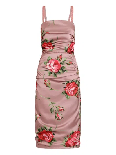 Dolce & Gabbana Floral Ruched Midi Dress In Pink