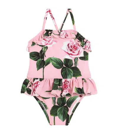 Dolce & Gabbana Kids' Floral Ruffle Swimsuit In Pink