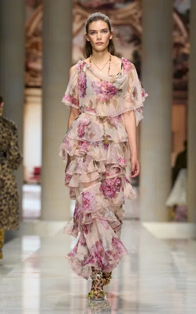 Dolce & Gabbana Floral Ruffled Chiffon Maxi Dress In Multi