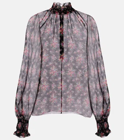 Dolce & Gabbana Floral Ruffled Sheer Silk Blouse In Black