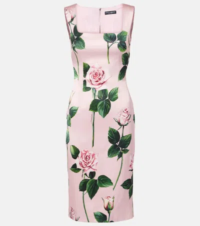 Dolce & Gabbana Pink Rose Print Satin Sheath Dress