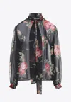 Dolce & Gabbana Rose Bouquet-print Silk Chiffon Neck-tie Blouse In Black