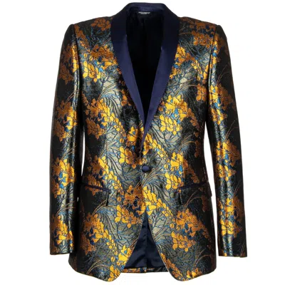 Pre-owned Dolce & Gabbana Floral Shiny Tuxedo Blazer Jacket Martini Blue Bronze 09743