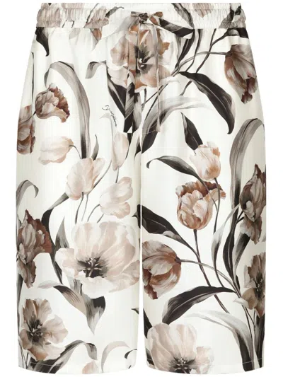 Dolce & Gabbana Floral-print Silk Shorts In White