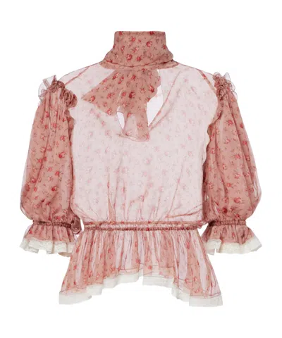 Dolce & Gabbana Floral Silk And Cotton Chiffon Blouse In Brown