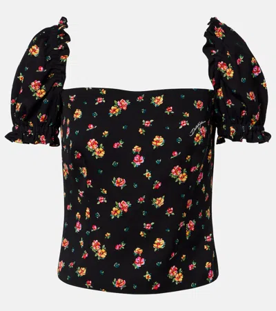 Dolce & Gabbana Floral Silk-blend Charmeuse Top In Black