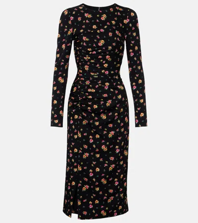 Dolce & Gabbana Charmeuse Dress Ruched Floral Long Sleeves In Black