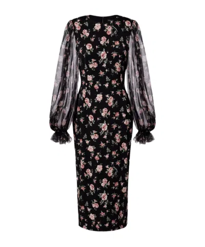 Dolce & Gabbana Women Black Dress With Round Neckline And All-over Floral Motif In Silk Blend Woman