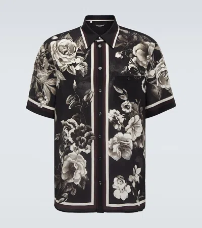 Dolce & Gabbana Floral Silk Bowling Shirt In Black