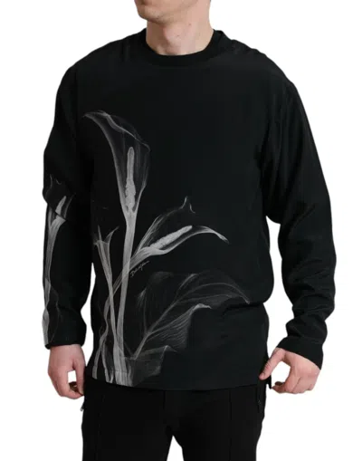 Dolce & Gabbana Floral Silk Crew Neck Sweater In Black