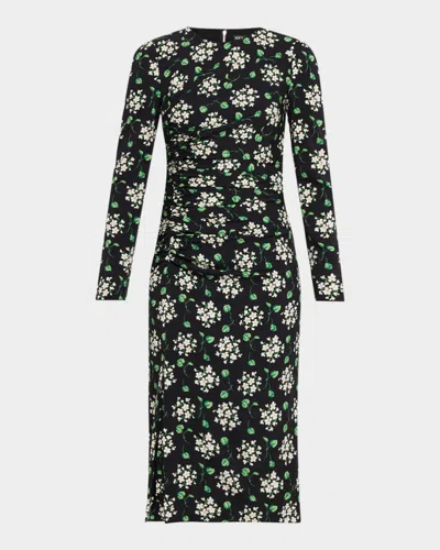 Dolce & Gabbana Floral Silk Long-sleeve Ruched Midi Dress In Green