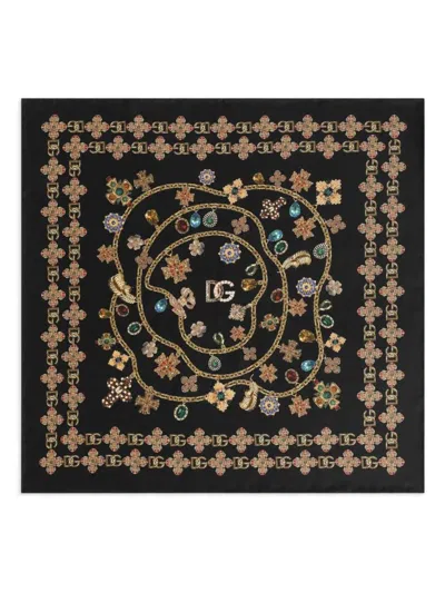 Dolce & Gabbana Floral Crystal Foulard Silk Scarf In Brown