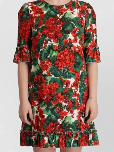 Dolce & Gabbana Floral Silk Shift Dress Ruffled Hem In Green