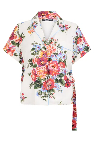 Dolce & Gabbana Silk Shirt Floral Print Side Knot In Multi