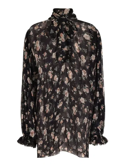 Dolce & Gabbana Floral Silk Tie-neck Sheer Blouse In Multi