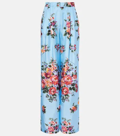 Dolce & Gabbana Silk Twill Trousers Floral Print Wide Leg In Blue