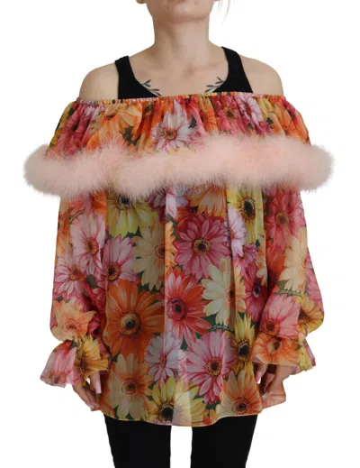 Dolce & Gabbana Floral Silk With Fur Shearling Blouse In Multi