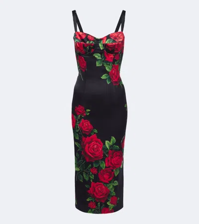 Dolce & Gabbana Floral-print Silk-blend Satin Bustier Midi Dress In Blue