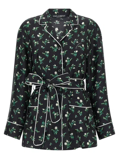 Dolce & Gabbana Floral Silk-twill Pajama Shirt In Black