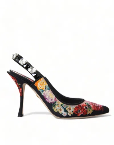 Dolce & Gabbana Floral Slingback Heels With Luxe Crystal Details In Black