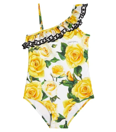 Dolce & Gabbana Kids' Floral Swimsuit In Yellow