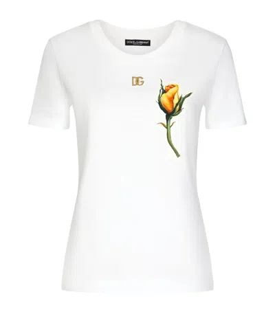 Dolce & Gabbana Jersey T-shirt With Dg Logo And Yellow Rose-embroidered Patch In White