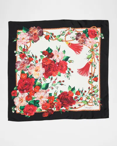 Dolce & Gabbana Floral Tassel Foulard Silk Scarf In Rose Bianco