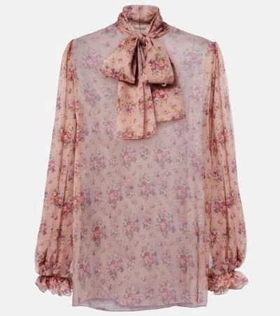 Dolce & Gabbana Floral Tie-neck Silk Blouse In Pink