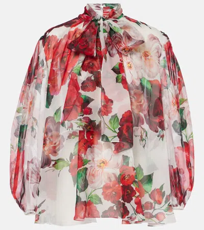 DOLCE & GABBANA FLORAL TIE-NECK SILK CHIFFON BLOUSE