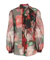 Dolce & Gabbana Rose Bouquet-print Silk Chiffon Neck-tie Blouse In Black