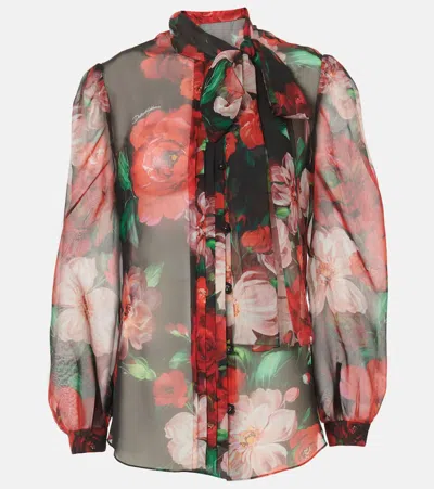 Dolce & Gabbana Floral Tie-neck Silk Organza Shirt In Multicoloured