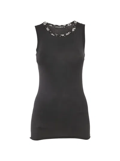 Pre-owned Dolce & Gabbana Floral-trim Jersey Top In Black