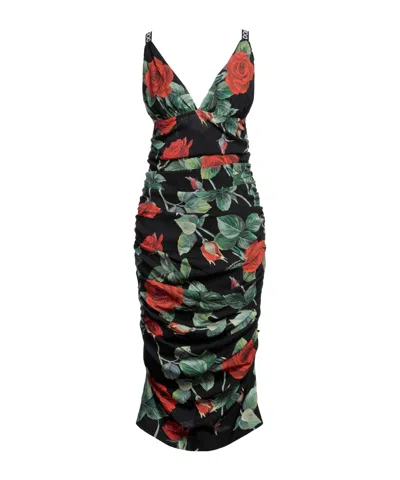 Dolce & Gabbana Floral V-neck Sleeveless Dress In Black
