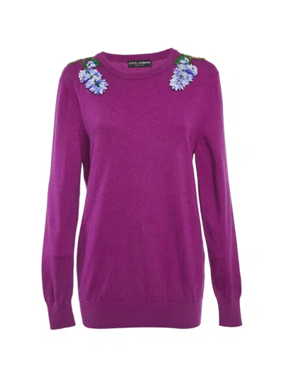 Pre-owned Dolce & Gabbana Floral-appliqué Cashmere Sweater In Purple