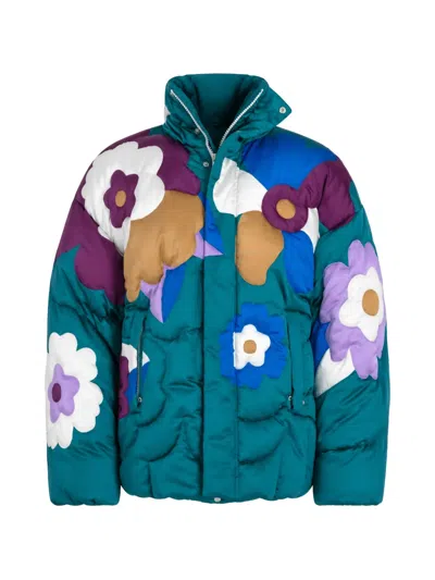 Dolce & Gabbana Floral Applique Silk Padded Windbreaker Jacket In Blue