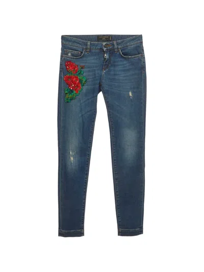 Pre-owned Dolce & Gabbana Floral-applique Skinny Jeans In Blue