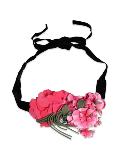 Dolce & Gabbana Floral Applique Velvet Ribbon Tie Belt In Pink